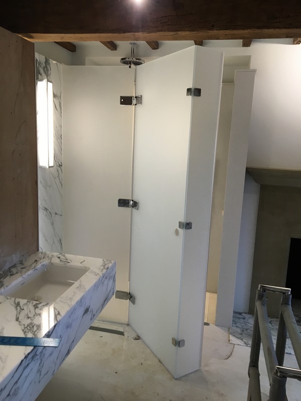 Bespoke frosted glass shower enclosure in Amersham luxury bathroom
